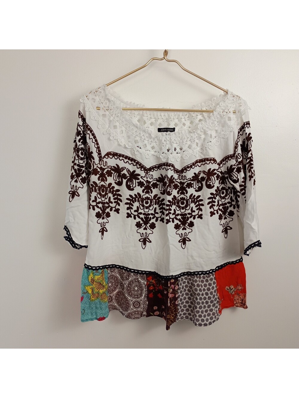 John Mark Floral Patchwork Blouse Cream Off Shoulder Smocked Embroidered M